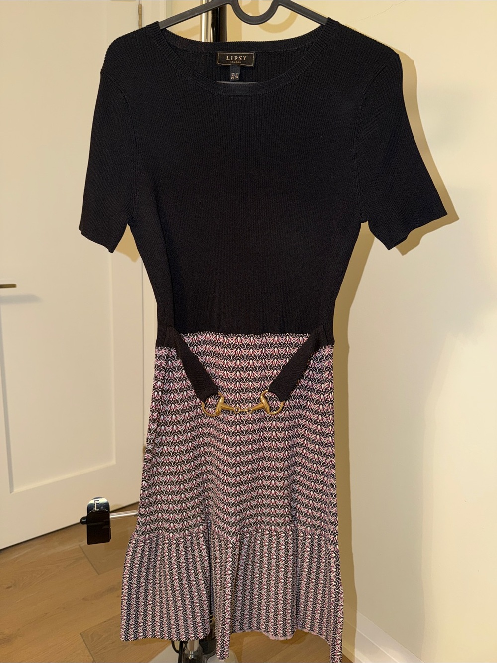 Lipsy Black and Pink Knit Midi Dress with Buckle Detail